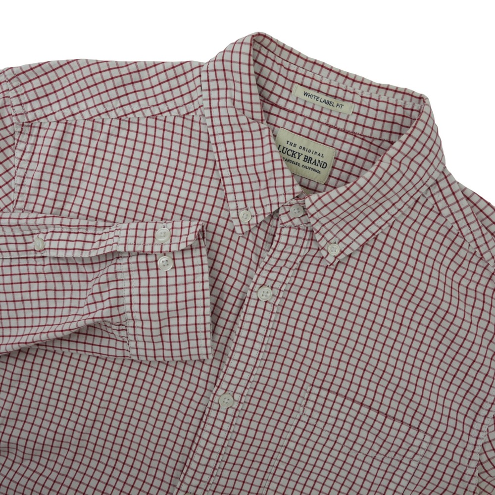 Lucky Brand Shirt Mens M Red White Gingham Button Down Cotton White Label Fit‎